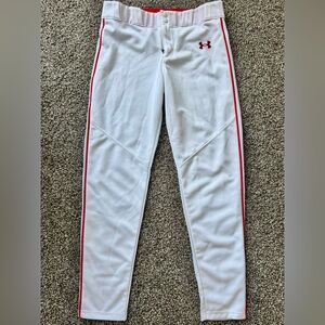 NWOT - Youth Under Armour White baseball pants with red piping and logo.